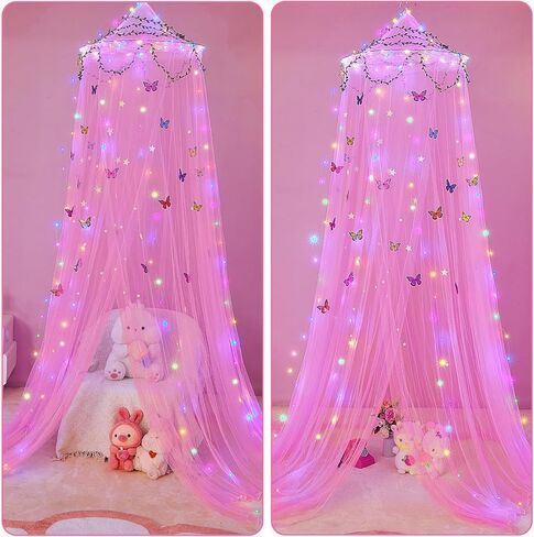 FIOBEE Bed Canopy for Girls Room Bed Canopy Curtains with Led Lights Mosquito Net DIY Princess Room Décor with Stars Butterflies for Kids Bedroom, Blue in Kuwait