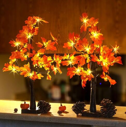 شجرة قيقب مضاءة في الخريف مقاس 60.96 سم، 24 مصباح LED، تعمل بمنفذ USB+بطارية لطاولة عيد الشكر، شجرة تزيين مركزية للمنزل، مدفأة الخريف، ديكور داخلي لحصاد الخريف in Kuwait