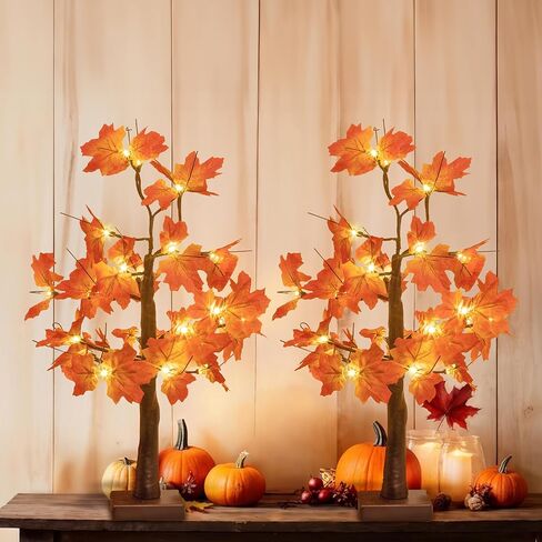 شجرة قيقب مضاءة في الخريف مقاس 60.96 سم، 24 مصباح LED، تعمل بمنفذ USB+بطارية لطاولة عيد الشكر، شجرة تزيين مركزية للمنزل، مدفأة الخريف، ديكور داخلي لحصاد الخريف in Kuwait