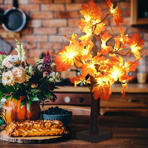 شجرة قيقب مضاءة في الخريف مقاس 60.96 سم، 24 مصباح LED، تعمل بمنفذ USB+بطارية لطاولة عيد الشكر، شجرة تزيين مركزية للمنزل، مدفأة الخريف، ديكور داخلي لحصاد الخريف in Kuwait