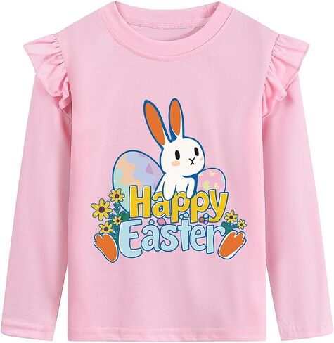 Tkria Toddler Girls Happy Easter Outfits Ruffled Long Sleeve Shirt Eggs Bunny Kids T-Shirt Top 2-7T in Kuwait