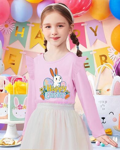 Tkria Toddler Girls Happy Easter Outfits Ruffled Long Sleeve Shirt Eggs Bunny Kids T-Shirt Top 2-7T in Kuwait
