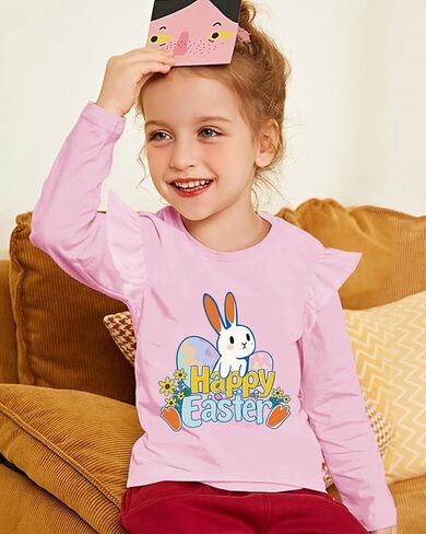 Tkria Toddler Girls Happy Easter Outfits Ruffled Long Sleeve Shirt Eggs Bunny Kids T-Shirt Top 2-7T in Kuwait
