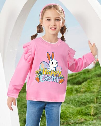 Tkria Toddler Girls Happy Easter Outfits Ruffled Long Sleeve Shirt Eggs Bunny Kids T-Shirt Top 2-7T in Kuwait