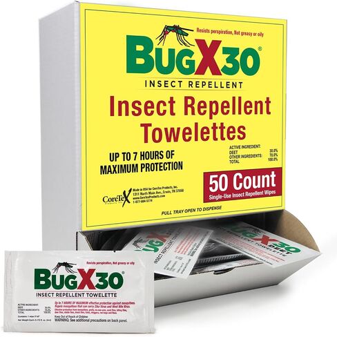 CoreTex Bug X 30 Mosquito, Tick, & Insect Repellent Wipes with 30% DEET - Pack of 25 Single-Use Bug Repellent Wipes for Up to 7 Hours of Reliable Protection Against 12 Types of Biting Insects in Kuwait