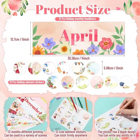 Spakon 24 قطعة من عناوين العطلات الشهرية مجموعة 12 شهرًا من العام رؤوس لوحة الإعلانات الشهرية حدود الرؤوس الشهرية الموسمية مع 12 ملصق عطلة لديكورات نشرات المدرسة في الفصل الدراسي in Kuwait