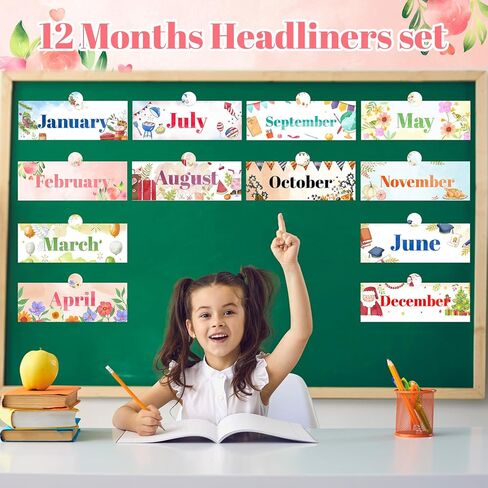 Spakon 24 قطعة من عناوين العطلات الشهرية مجموعة 12 شهرًا من العام رؤوس لوحة الإعلانات الشهرية حدود الرؤوس الشهرية الموسمية مع 12 ملصق عطلة لديكورات نشرات المدرسة في الفصل الدراسي in Kuwait