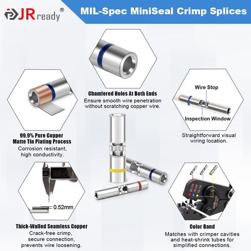 JRready ST6385-16-50 MiniSeal Crimp Splices: 50pcs Blue Butt Splice Connectors 20-16 AWG (M81824/1-2), Wire-to-Wire Splicing with Alternative Temp. PVDF/PE Tubes in Saudi Arabia