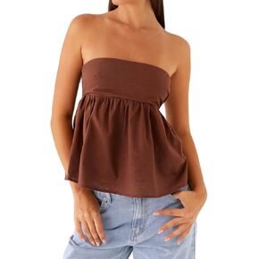 Bocymolay Women Strapless Peplum Top Ruffle Hem Tube Bandeau Top Backless Sleeveless Tank Top Summer Going Out in Kuwait