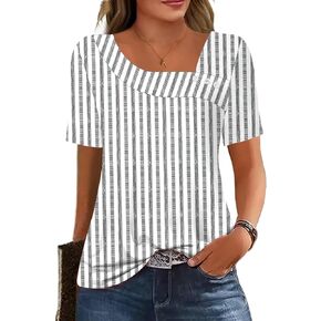Soesdemo Womens Summer Tops Asymmetrical Neck Short Sleeve Button Dressy Casual Lightweight Tunic T Shirts Blouse in Kuwait