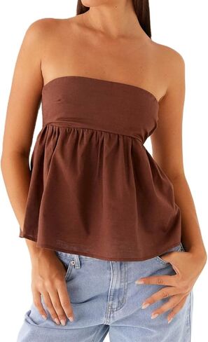 Bocymolay Women Strapless Peplum Top Ruffle Hem Tube Bandeau Top Backless Sleeveless Tank Top Summer Going Out in Kuwait