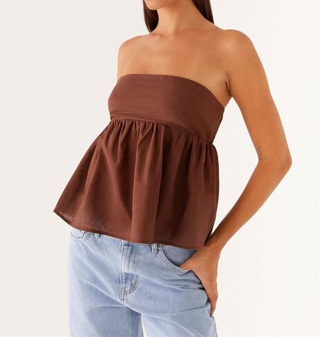 Bocymolay Women Strapless Peplum Top Ruffle Hem Tube Bandeau Top Backless Sleeveless Tank Top Summer Going Out in Kuwait