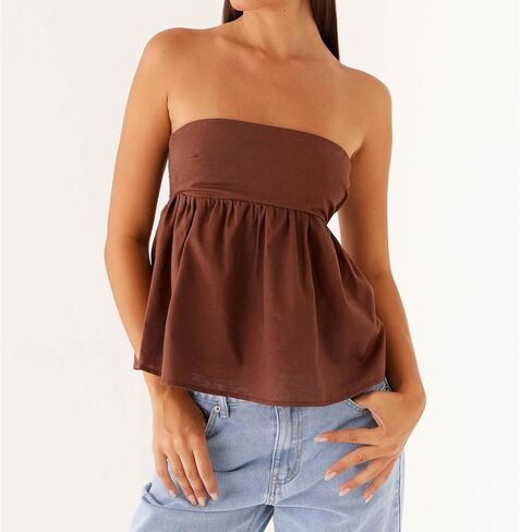 Bocymolay Women Strapless Peplum Top Ruffle Hem Tube Bandeau Top Backless Sleeveless Tank Top Summer Going Out in Kuwait