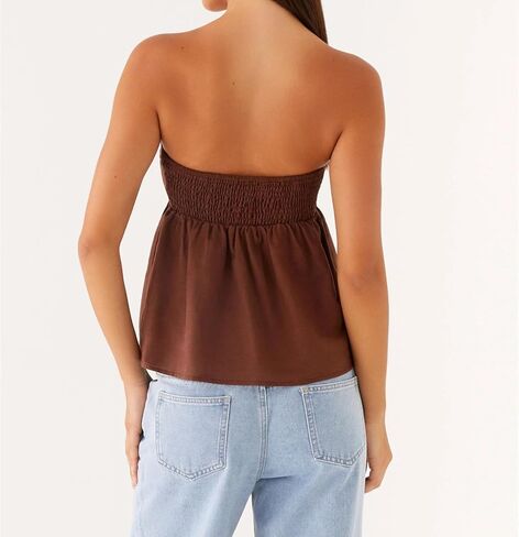 Bocymolay Women Strapless Peplum Top Ruffle Hem Tube Bandeau Top Backless Sleeveless Tank Top Summer Going Out in Kuwait