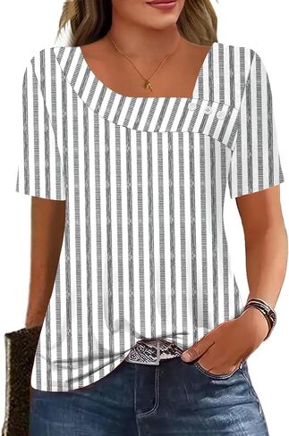 Soesdemo Womens Summer Tops Asymmetrical Neck Short Sleeve Button Dressy Casual Lightweight Tunic T Shirts Blouse in Kuwait
