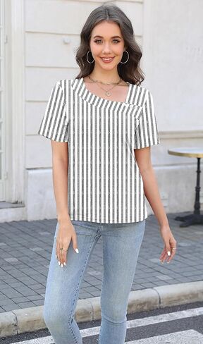 Soesdemo Womens Summer Tops Asymmetrical Neck Short Sleeve Button Dressy Casual Lightweight Tunic T Shirts Blouse in Kuwait