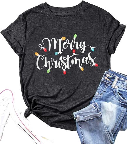 Christmas Shirts for Women Let's Get Lit Shirt Cute Lights Graphic Short Sleeve Xmas Tops Tees in Kuwait