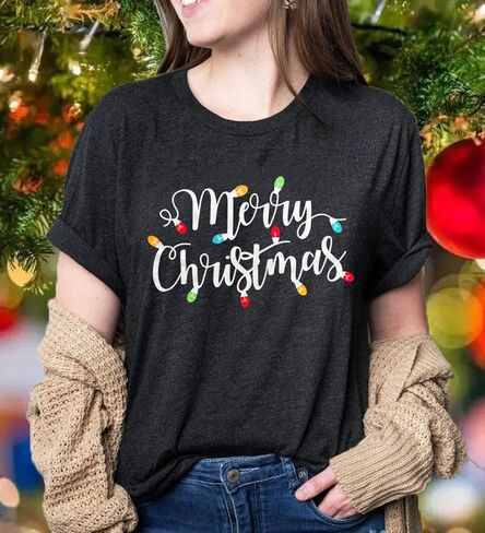 Christmas Shirts for Women Let's Get Lit Shirt Cute Lights Graphic Short Sleeve Xmas Tops Tees in Kuwait