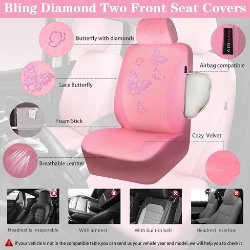 CAR PASS Bling Diamond Butterfly Car Seat Covers, Black Velvet Leather Butterflies Front Seat Covers Set for Women Girl, Rhinestone Butterfly 14.5-15'' Steering Wheel Cover, Glitter Car Interior Sets in Kuwait