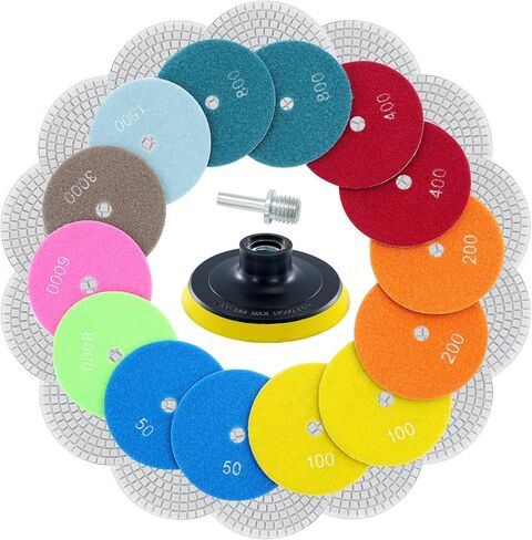 XKDOUS 12 Packs 4" Diamond Polishing Pads with Backer Pad, 50-8000 Grit Pads, 11 PCS Wet/Dry Granite Polish Kit for Drill Grinder Rock Polisher Granite Marble Stone Concrete Tile Tools in Kuwait