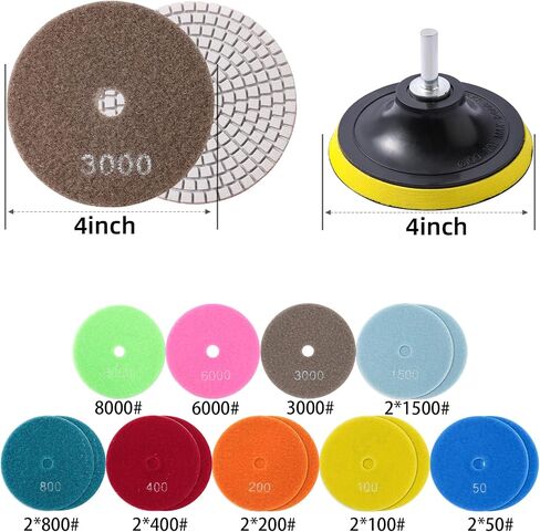XKDOUS 12 Packs 4" Diamond Polishing Pads with Backer Pad, 50-8000 Grit Pads, 11 PCS Wet/Dry Granite Polish Kit for Drill Grinder Rock Polisher Granite Marble Stone Concrete Tile Tools in Kuwait