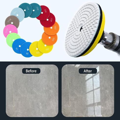 XKDOUS 12 Packs 4" Diamond Polishing Pads with Backer Pad, 50-8000 Grit Pads, 11 PCS Wet/Dry Granite Polish Kit for Drill Grinder Rock Polisher Granite Marble Stone Concrete Tile Tools in Kuwait