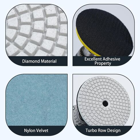 XKDOUS 12 Packs 4" Diamond Polishing Pads with Backer Pad, 50-8000 Grit Pads, 11 PCS Wet/Dry Granite Polish Kit for Drill Grinder Rock Polisher Granite Marble Stone Concrete Tile Tools in Kuwait