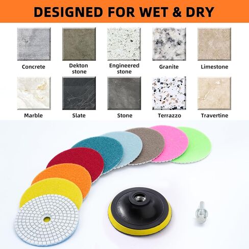 XKDOUS 12 Packs 4" Diamond Polishing Pads with Backer Pad, 50-8000 Grit Pads, 11 PCS Wet/Dry Granite Polish Kit for Drill Grinder Rock Polisher Granite Marble Stone Concrete Tile Tools in Kuwait