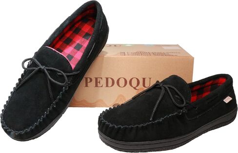 PEDOQU Slippers for Men’s House Shoes Moccasin with Genuine suede Upper Flanel Lining Comfortable Memory Foam Rubber Soles Indoor Outdoor in Saudi Arabia