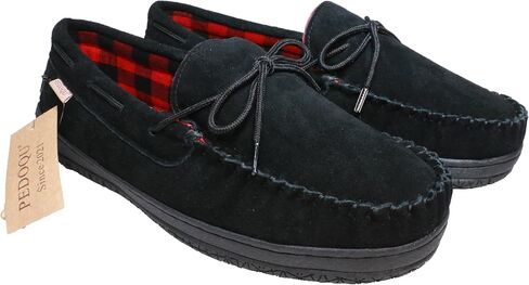 PEDOQU Slippers for Men’s House Shoes Moccasin with Genuine suede Upper Flanel Lining Comfortable Memory Foam Rubber Soles Indoor Outdoor in Saudi Arabia