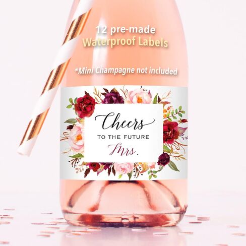 Set of 12 Blush Pink Floral Bridal Shower Mini Champagne Bottle Labels, WATERPROOF Polyester Mini Wine Bottle Labels, Cheers to the Future Mrs, Bachelorette Party in Saudi Arabia