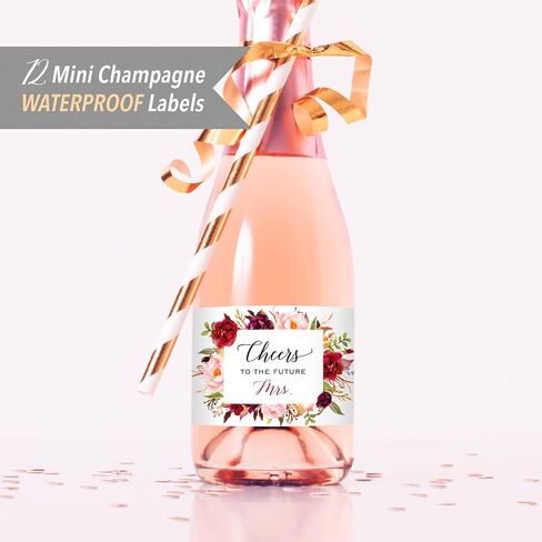 Set of 12 Blush Pink Floral Bridal Shower Mini Champagne Bottle Labels, WATERPROOF Polyester Mini Wine Bottle Labels, Cheers to the Future Mrs, Bachelorette Party in Saudi Arabia