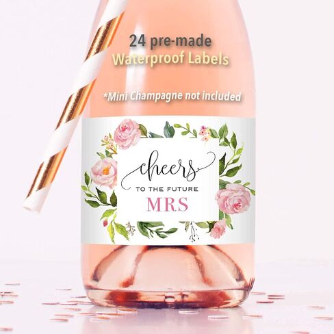 Set of 12 Blush Pink Floral Bridal Shower Mini Champagne Bottle Labels, WATERPROOF Polyester Mini Wine Bottle Labels, Cheers to the Future Mrs, Bachelorette Party in Saudi Arabia