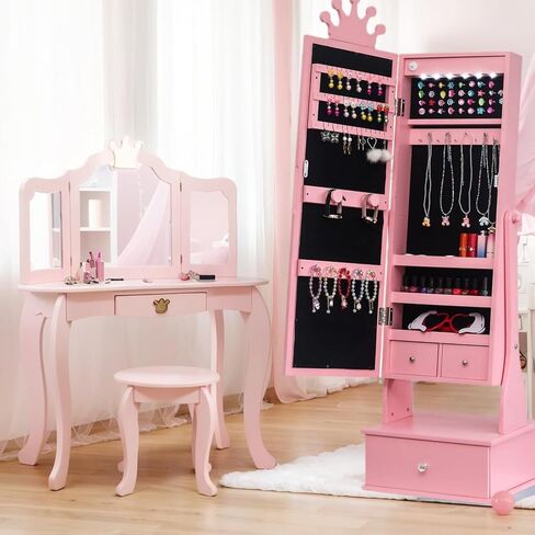 خزانة مجوهرات للأطفال مع مرآة كاملة الطول، مرآة قائمة بذاتها مع أدراج تخزين، مرآة تزيين للأطفال مع منظم مجوهرات، خزانة مجوهرات مقاس 46 بوصة لعيد ميلاد الأطفال، هدايا عيد الميلاد للفتيات (أبيض) in Kuwait