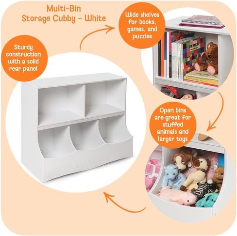 Badger Basket Multi-Bin Storage Cubby for Kids - Toy Organizer with 3 Cubbies, 2 Open Shelves, Display Top for Playroom or Bedroom - Storage Unit for Toys, Books & More - White in Saudi Arabia