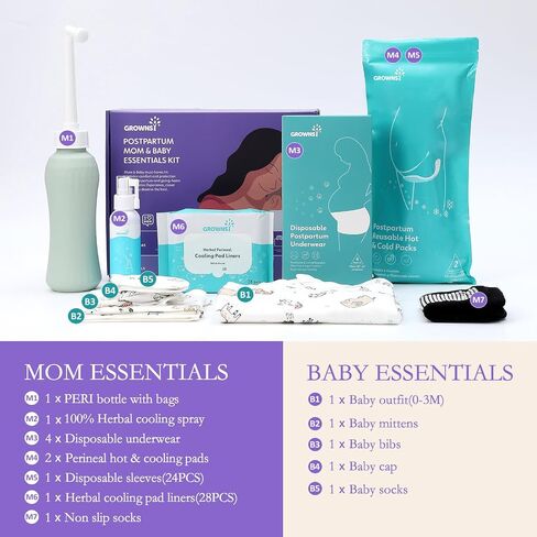 GROWNSY Postpartum Mom & Baby Essential Kits, Postpartum Recovery Kit for Labor &Delivery with Hospital Essentials for Women After Birth, Includes PERI Bottle, Herbal Cooling Spray, Liners &More in Kuwait