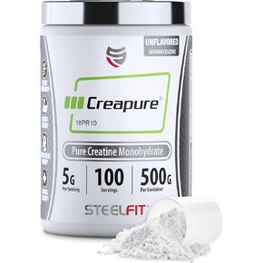 SteelFit Pure Steel Creapure - مسحوق الكرياتين مونوهيدرات الألماني النقي - 100 حصة، 500 جرام - للرياضيين وكمال الأجسام وعشاق اللياقة البدنية - بدون نكهة، خالي من الغلوتين، نباتي