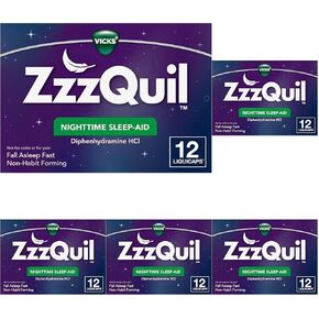 ZzzQuil, Nighttime Sleep Aid LiquiCaps, 25 mg Diphenhydramine HCl, No.1 Sleep-Aid Brand, Non-Habit Forming, Fall Asleep Fast, 12 Count in Kuwait