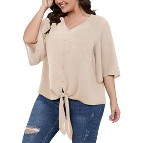 بلوزات نسائية مقاس كبير من SCOMCHIC بلوزات برقبة على شكل حرف V 3/4 كم وعقدة عنق وأزرار كاذبة كاجوال للأسفل XL-5XL