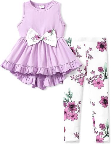 مجموعة سراويل باتبات للأطفال الصغار مكونة من قطعتين بدون أكمام وحاشية مكشكشة وسروال ضيق مزين بالزهور للفتيات in Kuwait