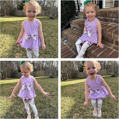 مجموعة سراويل باتبات للأطفال الصغار مكونة من قطعتين بدون أكمام وحاشية مكشكشة وسروال ضيق مزين بالزهور للفتيات in Kuwait