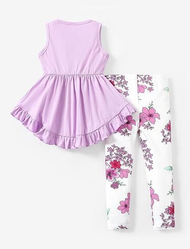 مجموعة سراويل باتبات للأطفال الصغار مكونة من قطعتين بدون أكمام وحاشية مكشكشة وسروال ضيق مزين بالزهور للفتيات in Kuwait