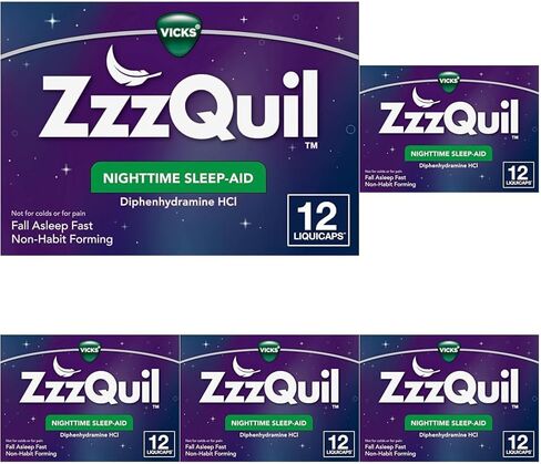 ZzzQuil, كبسولات سائلة للمساعدة على النوم أثناء الليل، 25 مجم ديفينهيدرامين حمض الهيدروكلوريك، العلامة التجارية رقم 1 للمساعدة على النوم، غير معتاد على النوم، سريع النوم، 12 قطعة in Kuwait