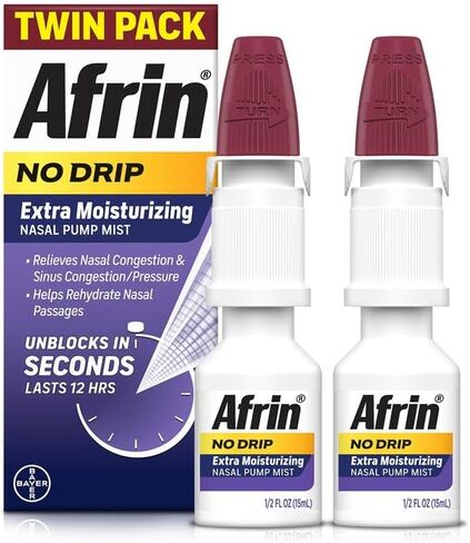 Afrin No Drip Extra Moisturizing Pump Nasal Mist Twin Pack, - Nasal Relief Spray For Nose Congestion and Nasal Relief, 1 Fluid Ounce Total (0.5 FL OZ Bottles) (Packaging May Vary) in Kuwait