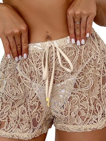 YELAIVP Women's Cover Up Shorts Hollow Out High Waist Bikini Bottoms Drawstring Beach Coverups Bathing Suit Swimsuit Bottom in Kuwait