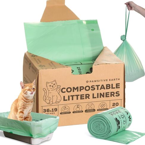Cat Litter Box Liners 100% Compostable - Drawstring Close - 6 Count - Jumbo Size 36" x 19" - Tear & Leak Resistant - OK Compost Home Certified in Kuwait