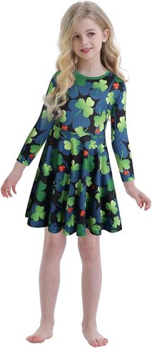 WonderBabe Girls St Patrick's Day Dress Outfit Long Sleeve Plaid Shamrock Casual Swing Midi Dresses Clothes in Kuwait