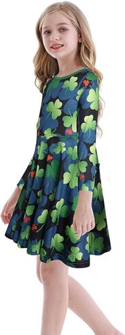 WonderBabe Girls St Patrick's Day Dress Outfit Long Sleeve Plaid Shamrock Casual Swing Midi Dresses Clothes in Kuwait
