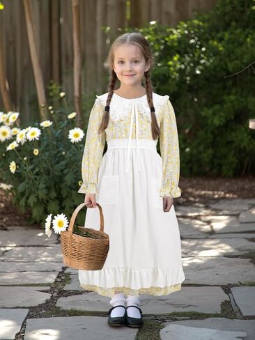 Prairie Dress Girls Pioneer Colonial Costume Floral 1800s Pilgrim Costume with Apron and Bonnet in Kuwait