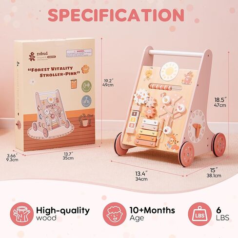 ROBUD Wooden Baby Walker, Baby Push Walker with Activity Center and Storage for Boys and Girls Learning to Stand and Walk in Saudi Arabia